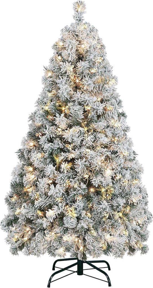 4.5Ft Pre-Lit Artificial Christmas Tree with Incandescent Warm White Lights, Snow Flocked Full Prelighted Xmas Tree W/340 Branch Tips, 150 Incandescent Lights & Foldable Stand, Green & White