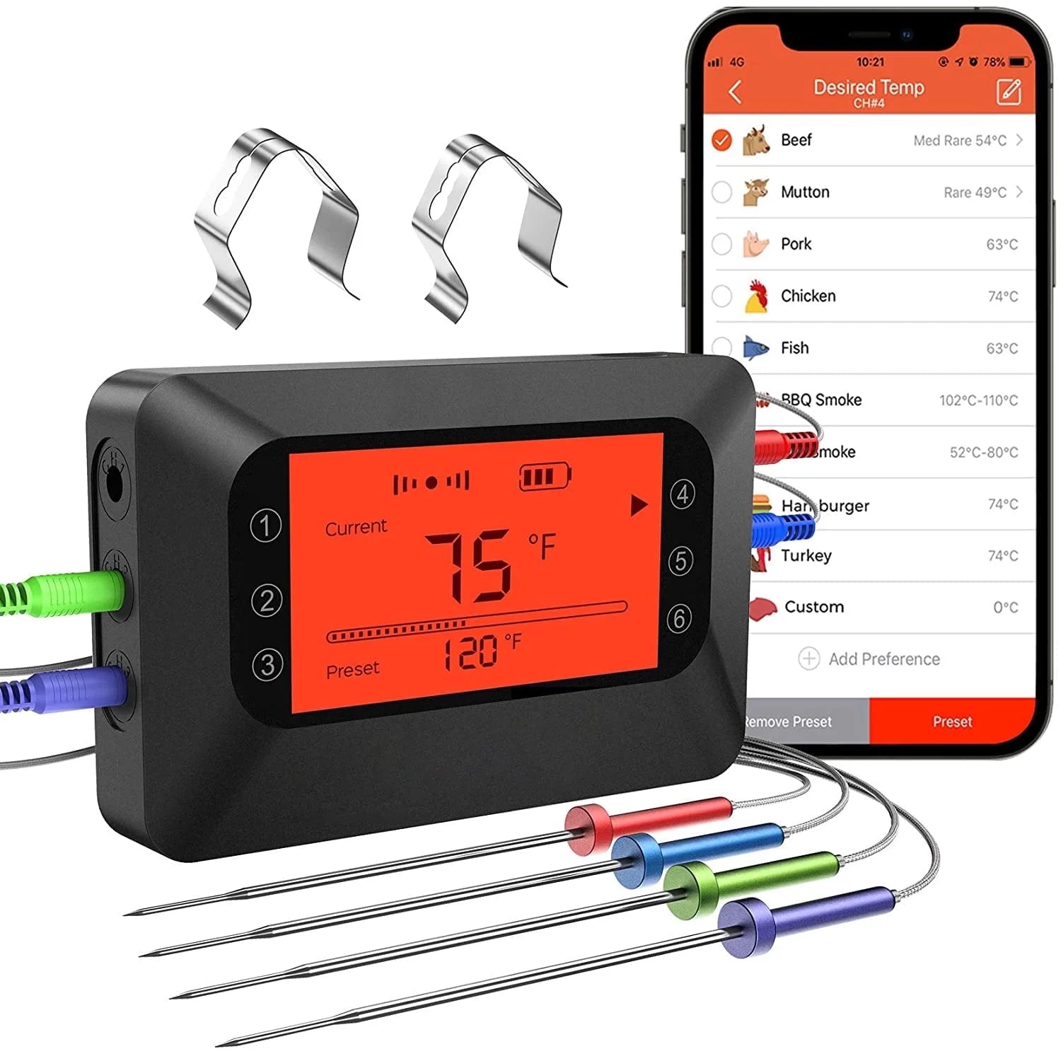 Bluetooth Meat Thermometer with 4 Probes, Grill, Backlight, Remote Monitor