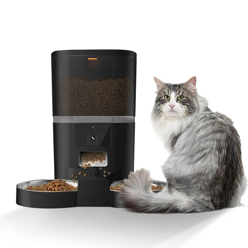 Black HD Camera Smart Pet Feeder in use