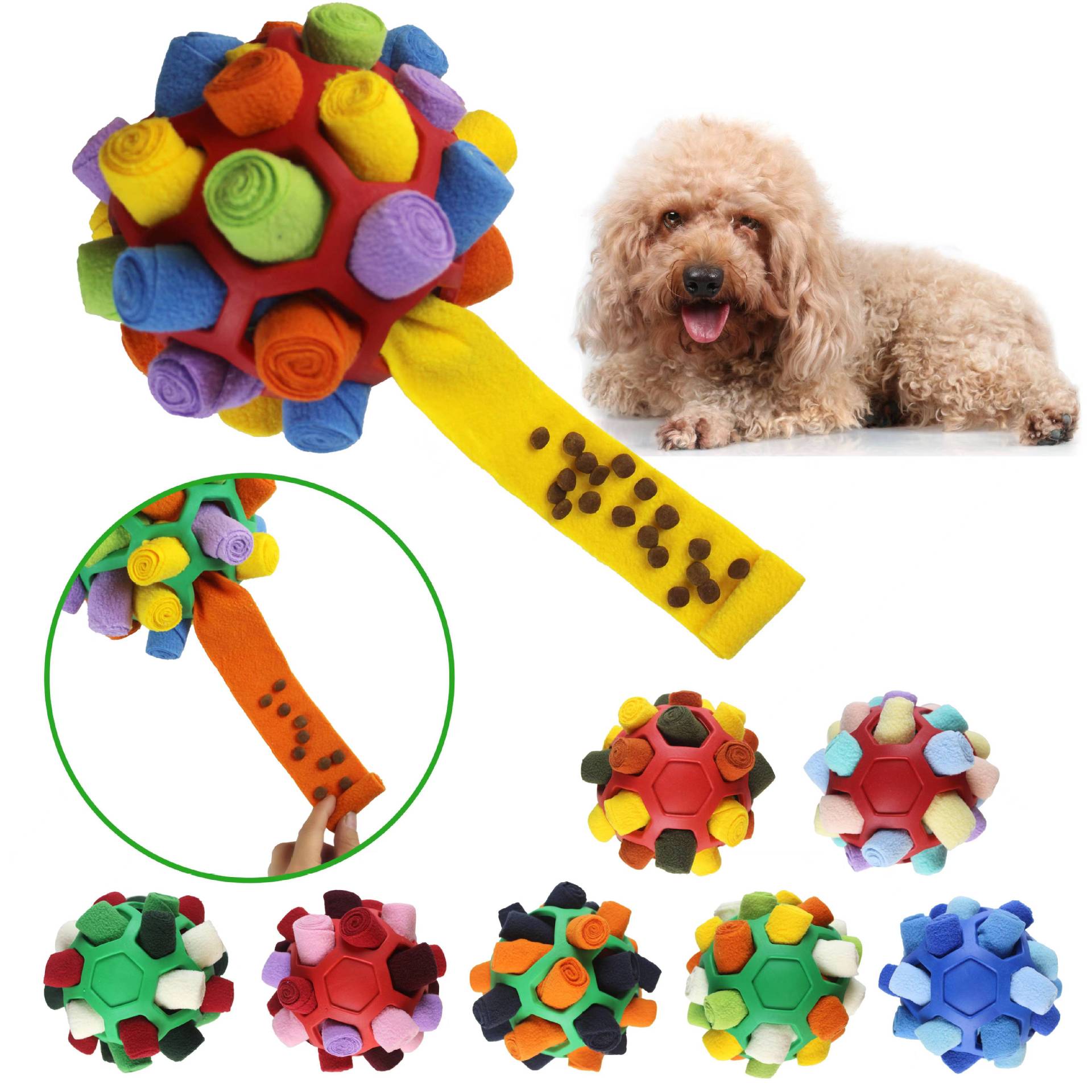 Pet Sniffing Ball in use and color variations